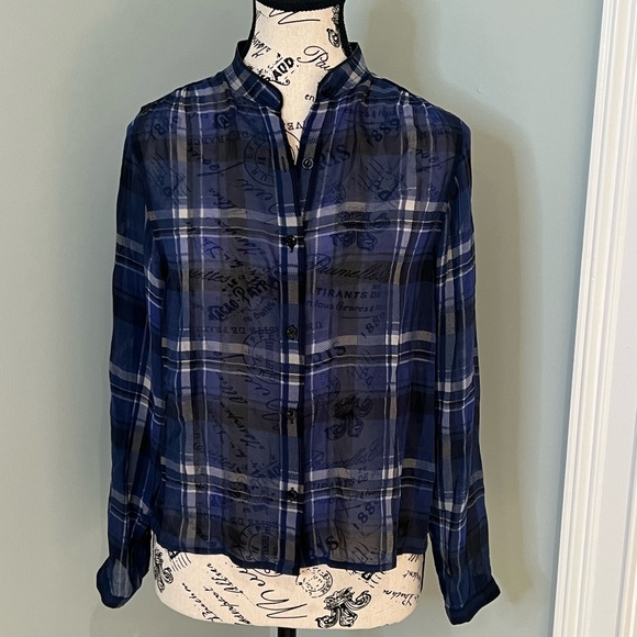 rag & bone Tops - Rag & Bone Byron Button-Front Silk Sheer Chiffon Plaid Blue Black XXS Like New